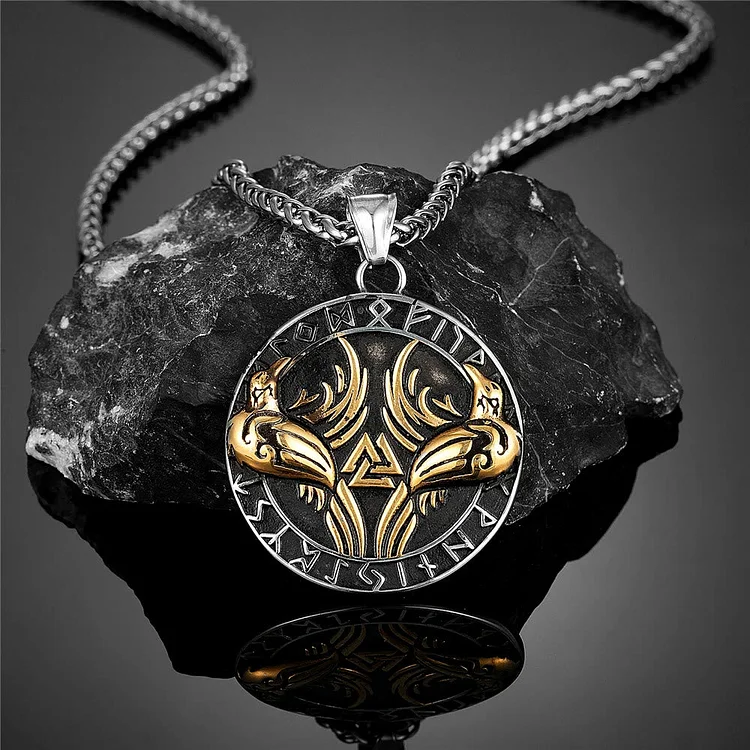Coutureaura Odin Crow Raven Rune Around Valknut Necklace