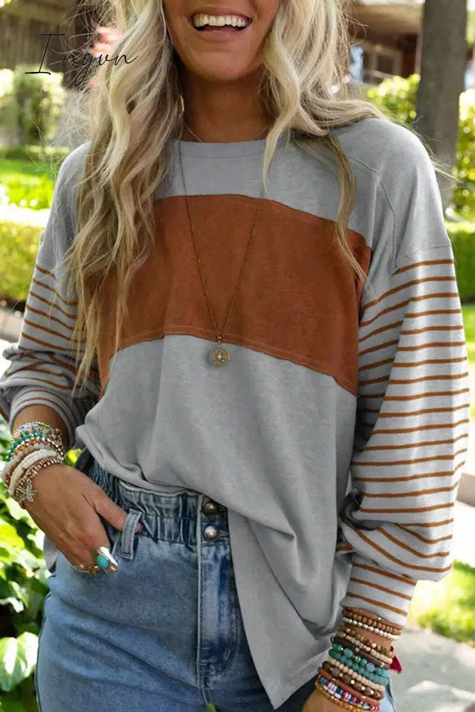 Ingvn - Casual Color Block Contrast O Neck Tops Grey / S Tops/Long Sleeve