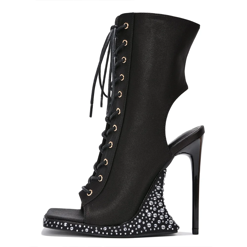 Black Leather Lace-up Strap Booties Open Toe Stiletto Heel Ankle Boots Nicepairs