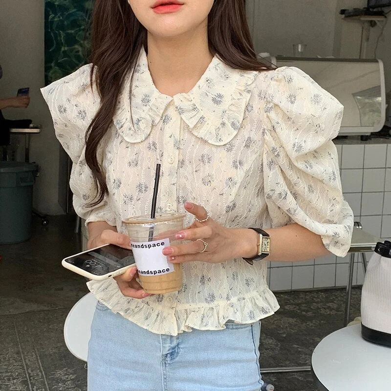 Summer New 2021 Korean Floral Blouses Tops Lapel Short Sleeve Embroidered Shirt Blusas Button Up Shirt Harajuku Tops Mujer 14792