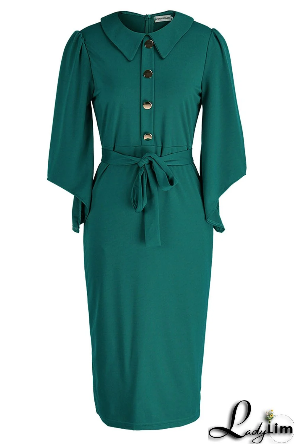 Green Casual Daily Solid Split Joint Buckle Turndown Collar One Step Skirt Dresses