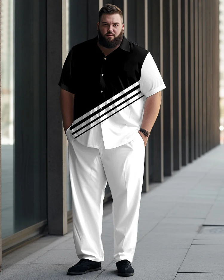 Men's Black and White Plus Size Gradient Short Sleeve Walking Suit