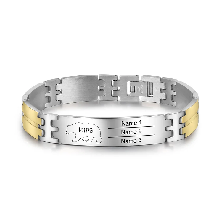 Personalized Papa Bear Bracelet Custom 3 Names Wristband ID Bar Bracelet for Dad
