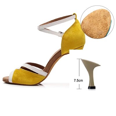 VCshoes Latin Ballroom Yellow White Stripes Modern Dance Shoes Suede Sole Jazz Salsa Cuban Slim Heels Ladies Open Toes Stiletto