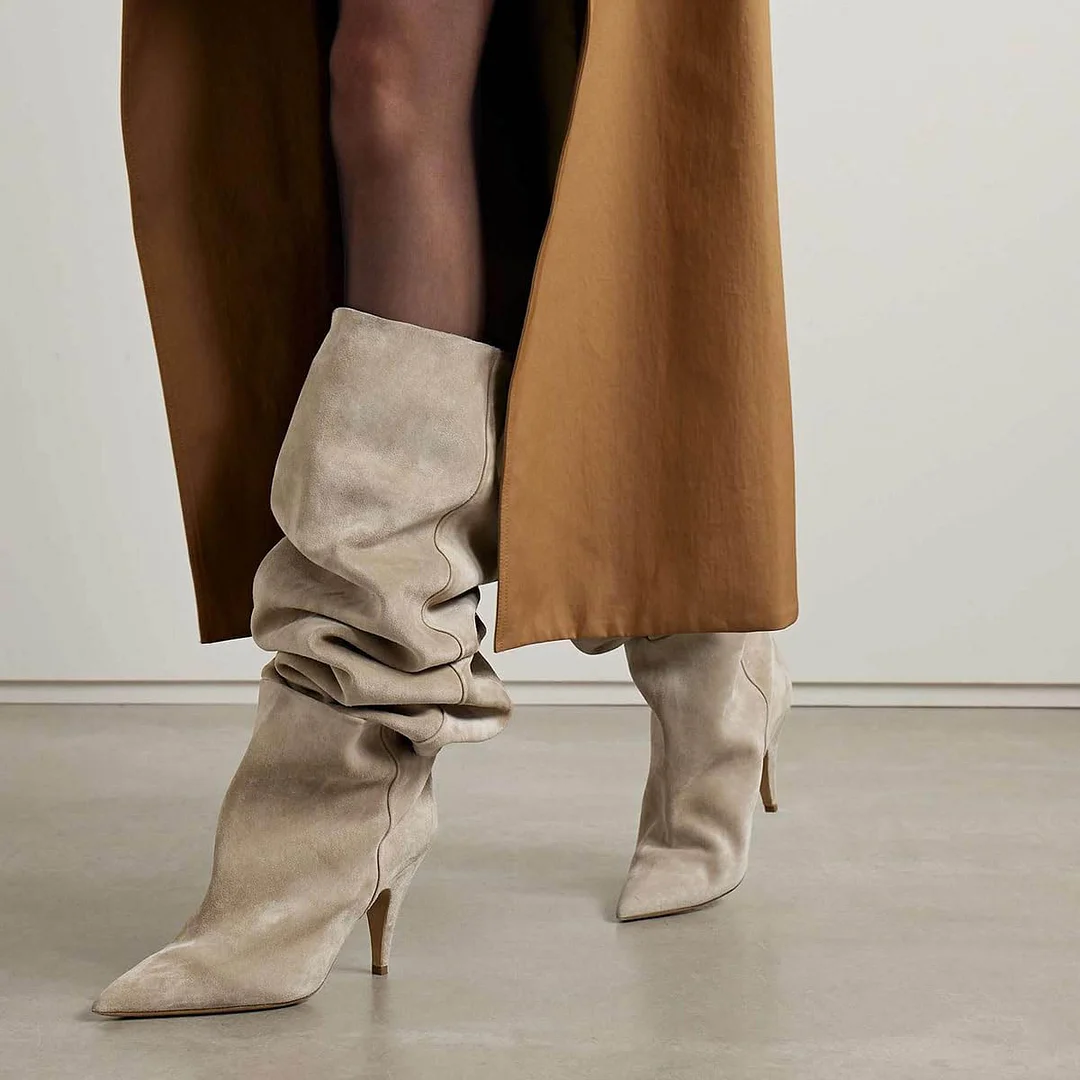 Taupe Cone Heel Pointed Toe Slouch Boots Women