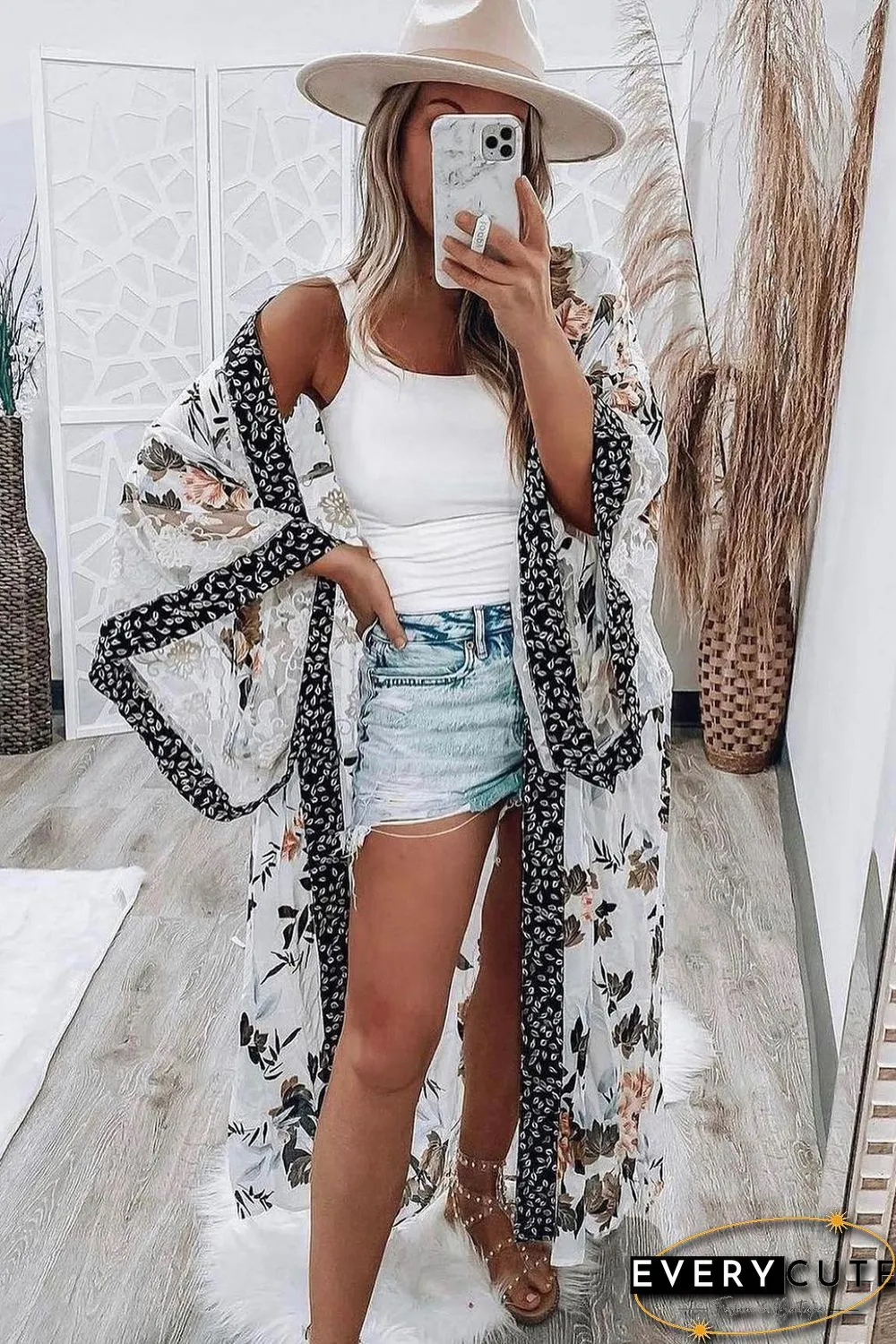 White Floral Print Lace Patchwork Batwing Sleeve Duster Kimono