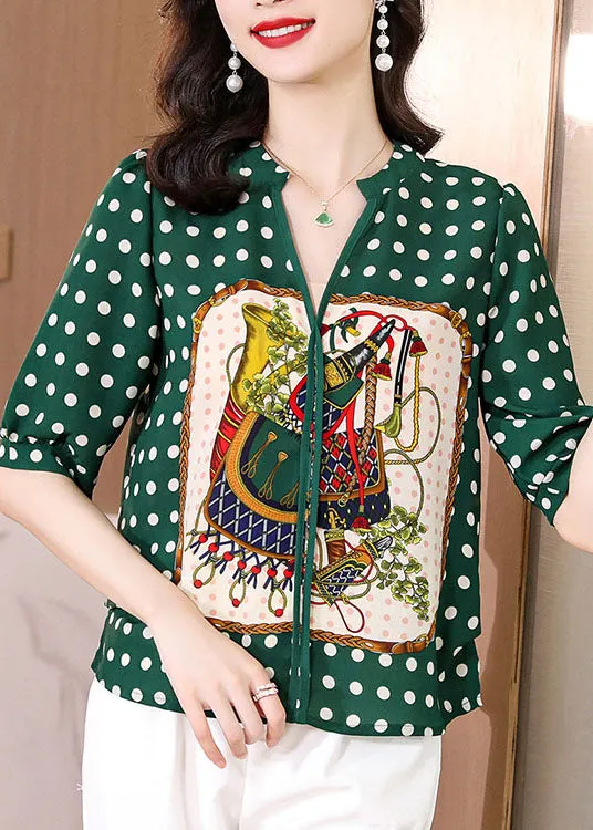 Classy Green V Neck Lace Up Dot Print Chiffon Shirt Half Sleeve