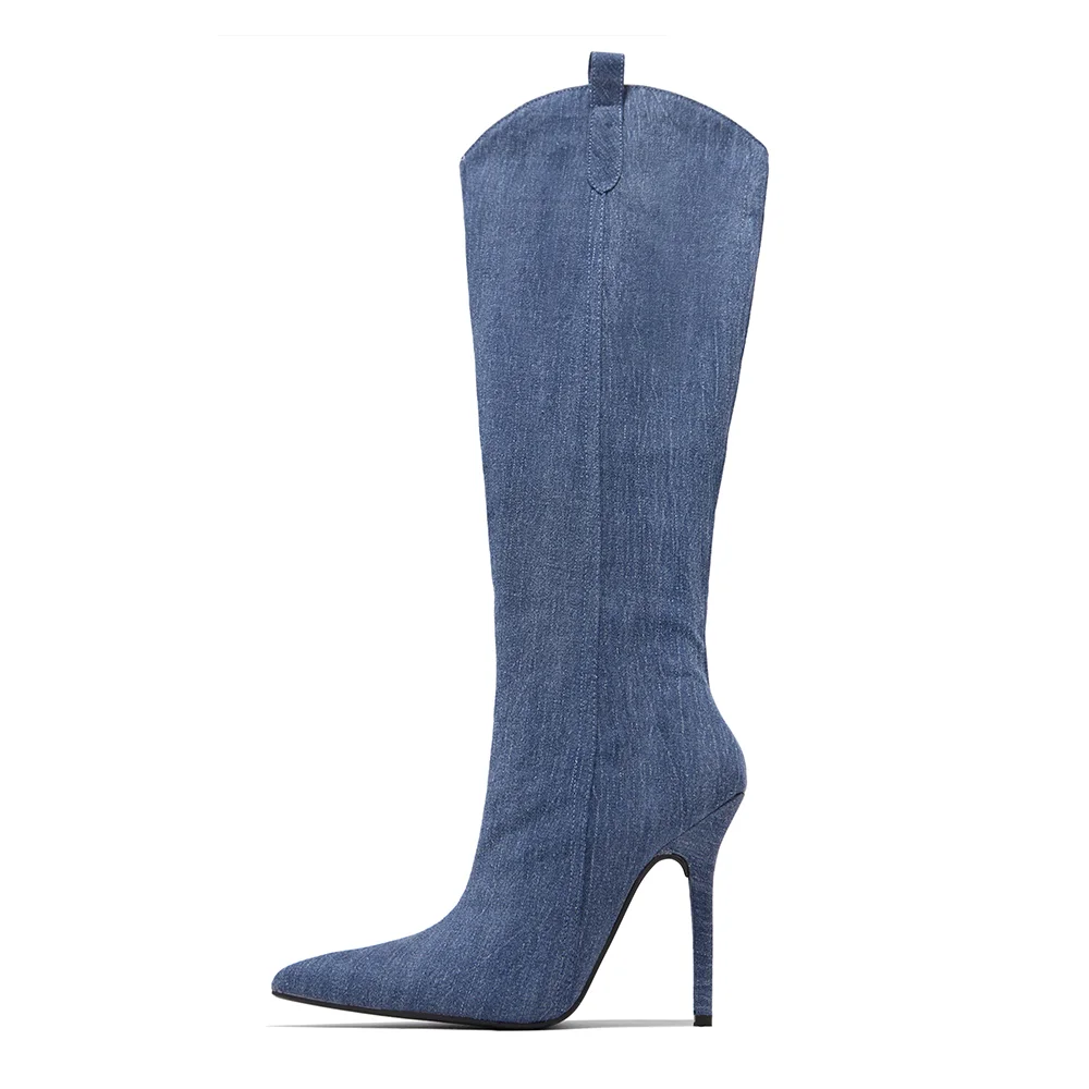 Dark Blue Denim Knee High Boots Classic Pointed Toe Stiletto Heels Nicepairs