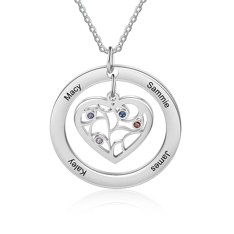Family Tree Name Necklace with 4 Birthstones Heart Gifts For Mother