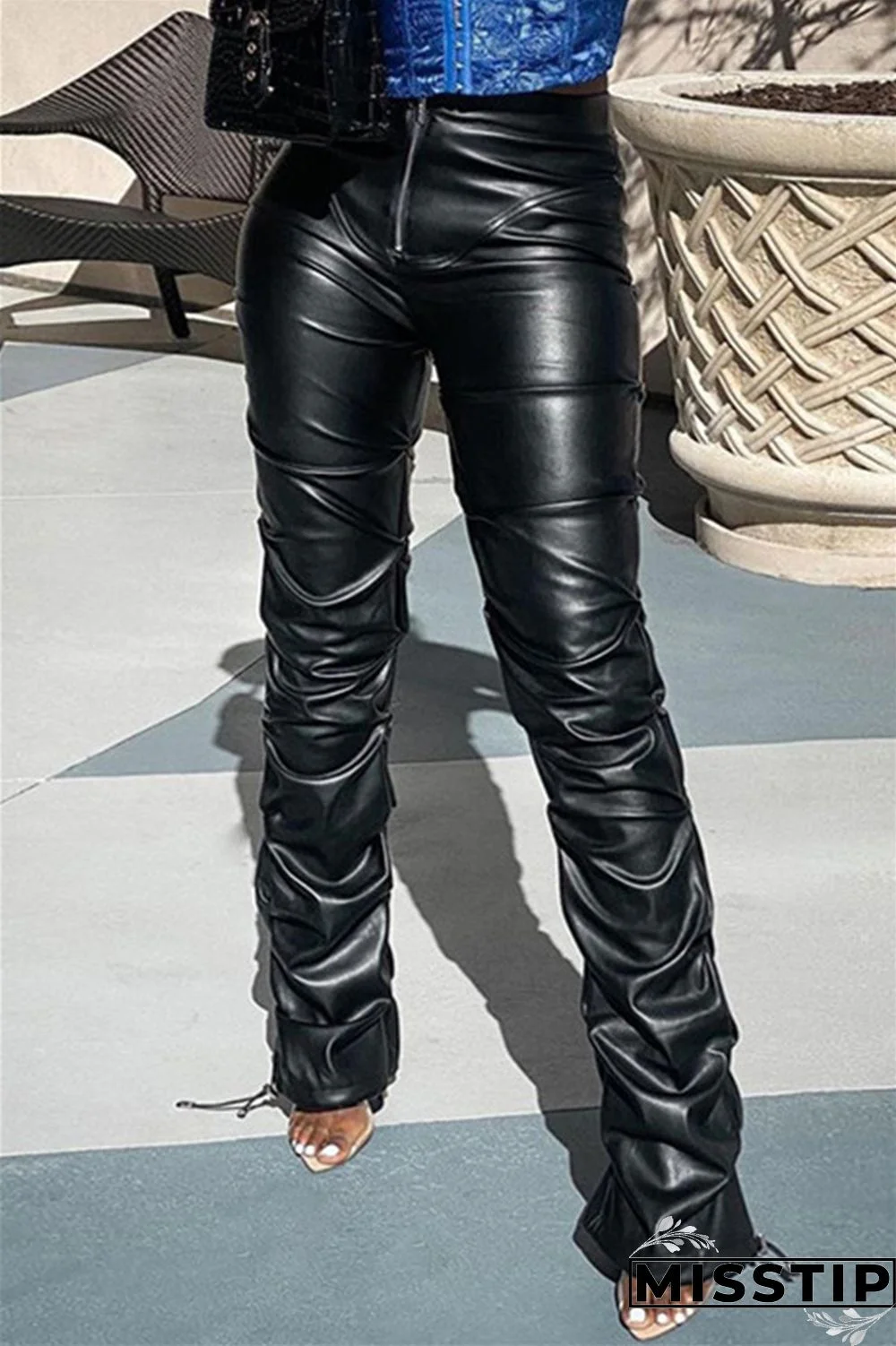 Black Fashion Casual Solid Patchwork Regular High Waist Trousers