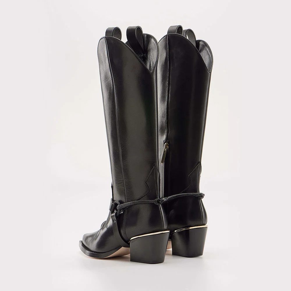 Black Faux Leather Pointed Toe Chunky Heel Stitching Knee High Boots