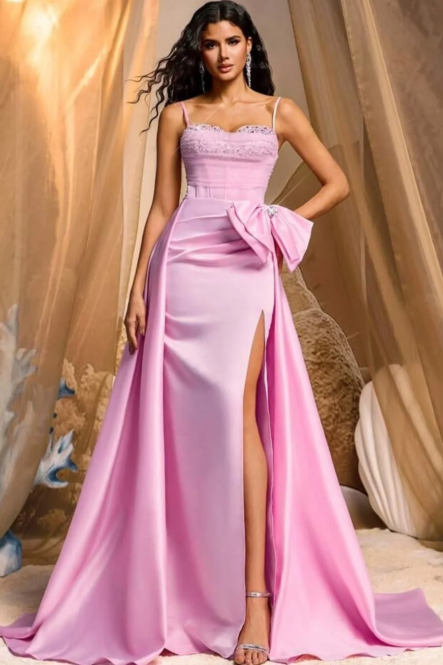 Daisda Sleeveless Spaghetti Split Mermaid Prom Dress With Bow