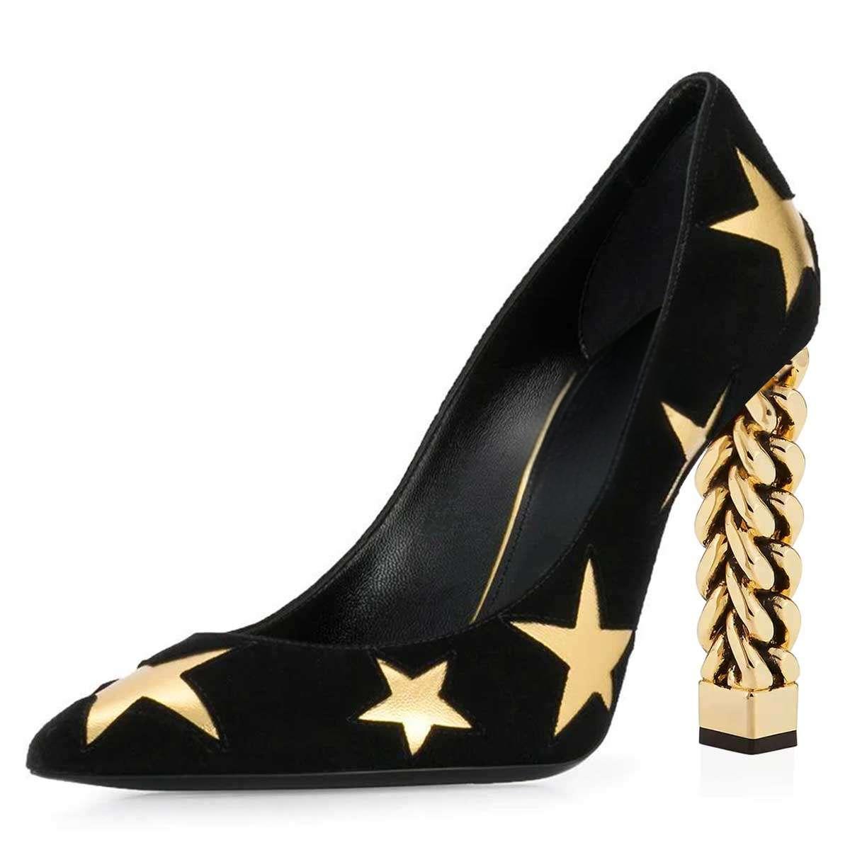 GOOSHOE Black and Gold Pointy Toe Chunky Heel Pumps