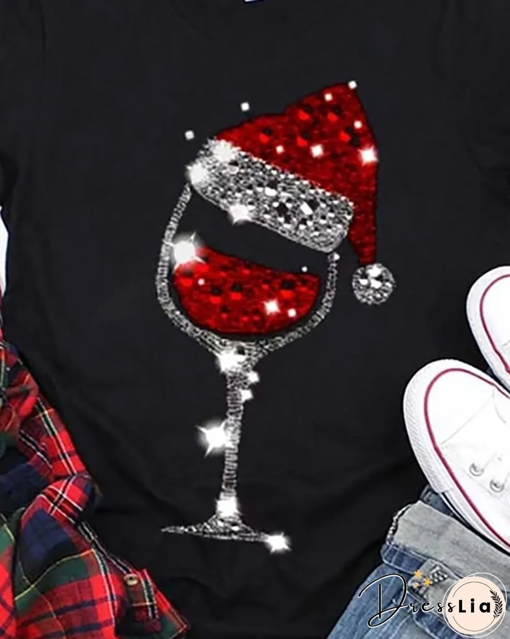 Christmas Short Sleeve Wineglass Hat Print T-Shirt P10836