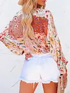 Floral Print Loose Chiffon Lantern Sleeve Casual T-Shirt Top