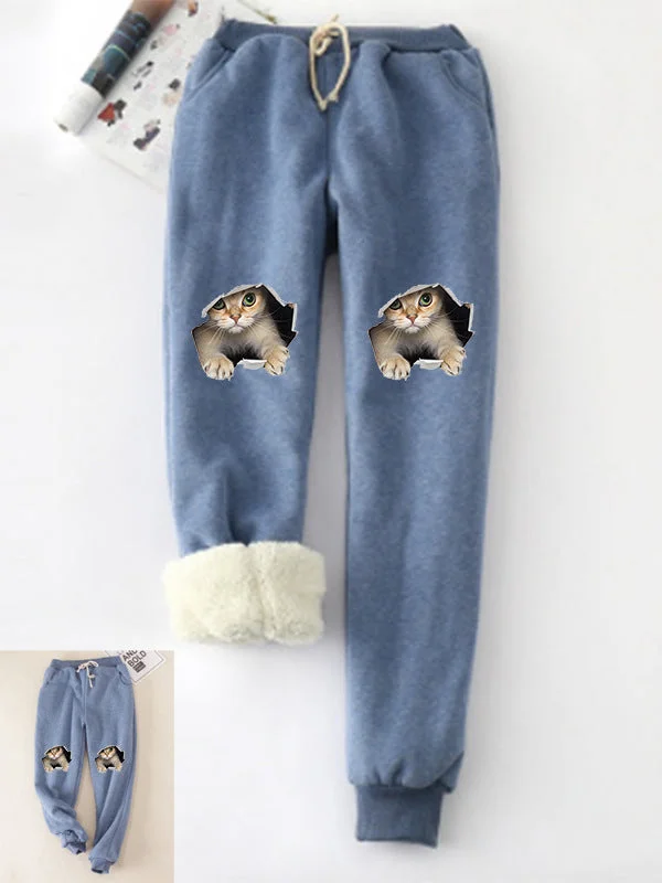 Women plus size clothing Casual Fluff/Granular fleece fabric Loose H-line Cat Pants-Nordswear
