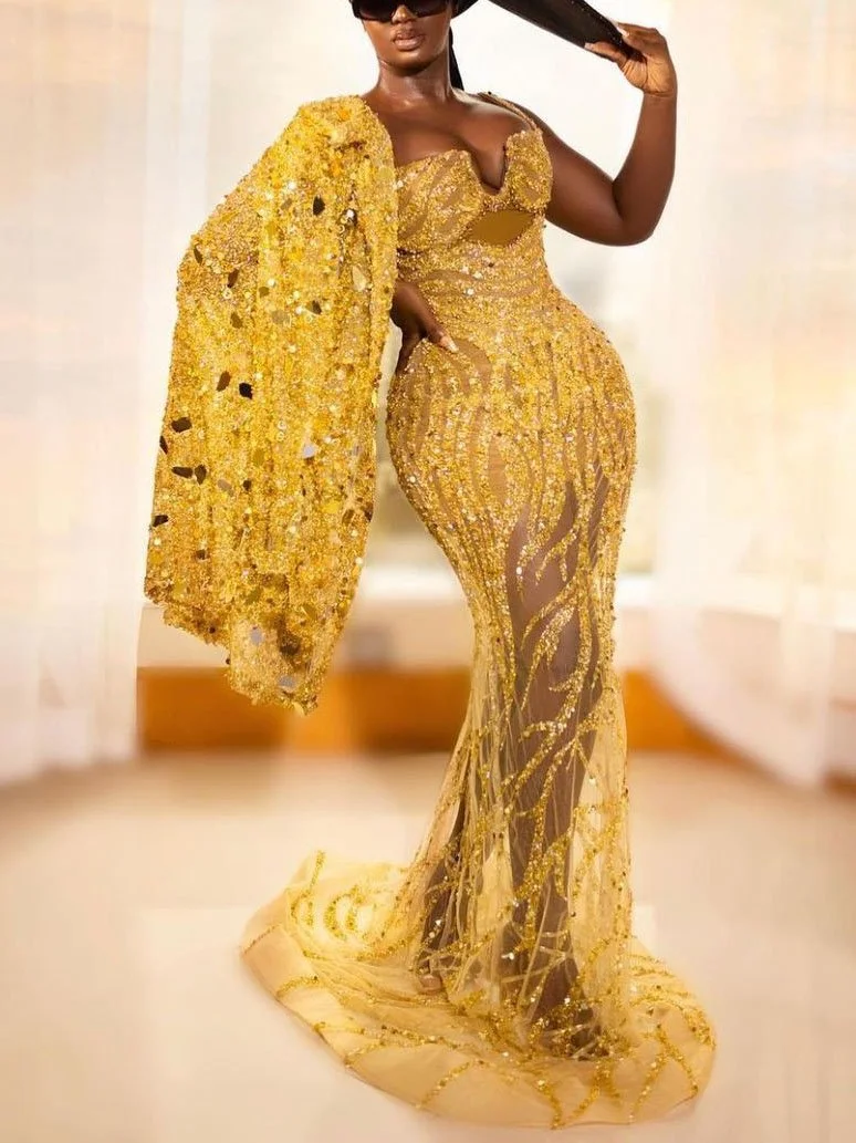 Neosepa-Gorgeous Golden Sequin Tube Top Maxi Dress With Stunning Cape