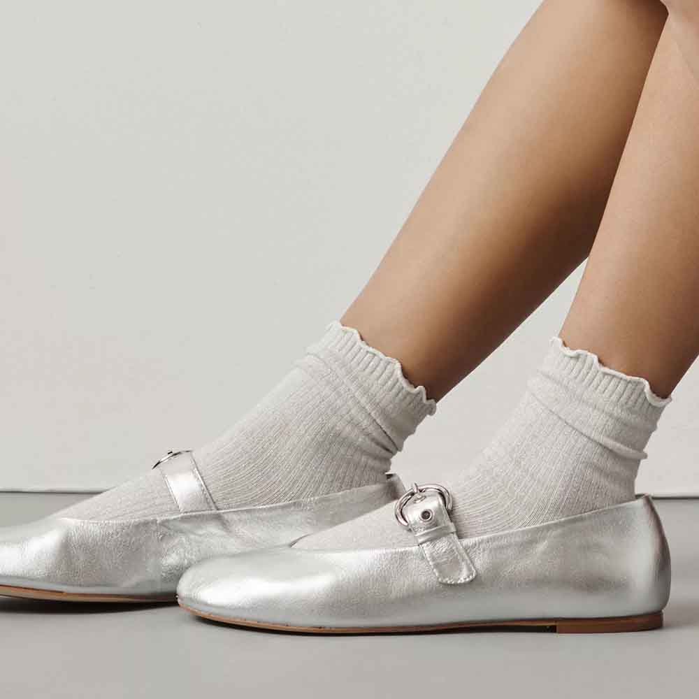 Silver Vegan Leather Round Toe Mary Jane Flats with Buckle Nicepairs