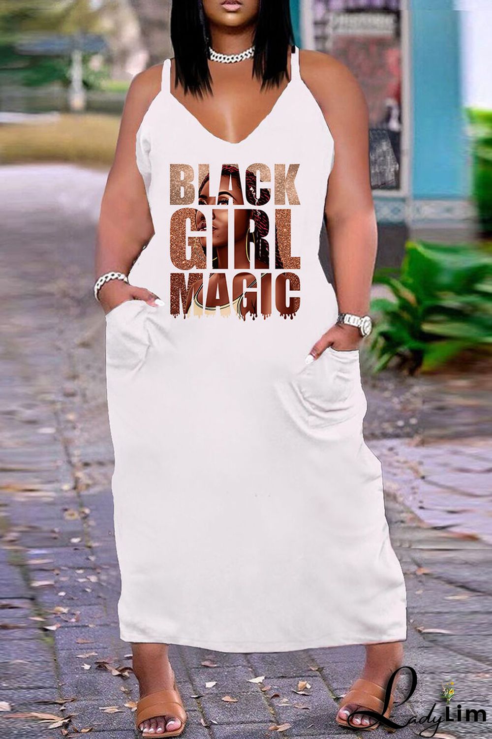 White Orange Sexy Casual Plus Size Print Backless V Neck Sling Dress