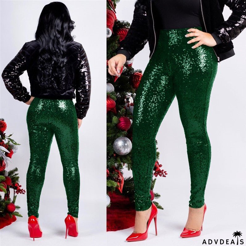 Rose Gold Sequin Slim Shiny Skinny Pencil Pants
