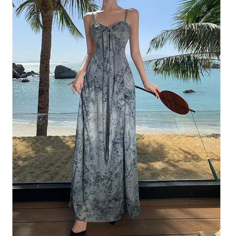 Churchf Churchf New Chinese Style Cold Sense Tie-Dye Ink Blue Halter Dress Temperament Shows White Chinese Style And Literary Wind