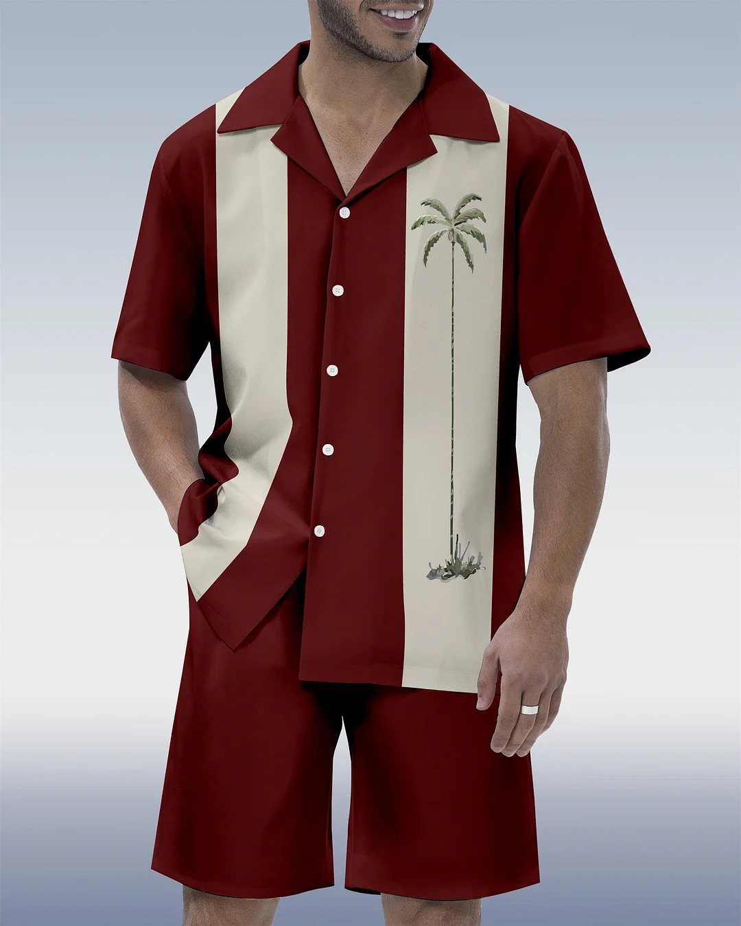 Men's Hawaiian Tiki Party Print Cuban Collar Short Sleeve Shirt Set