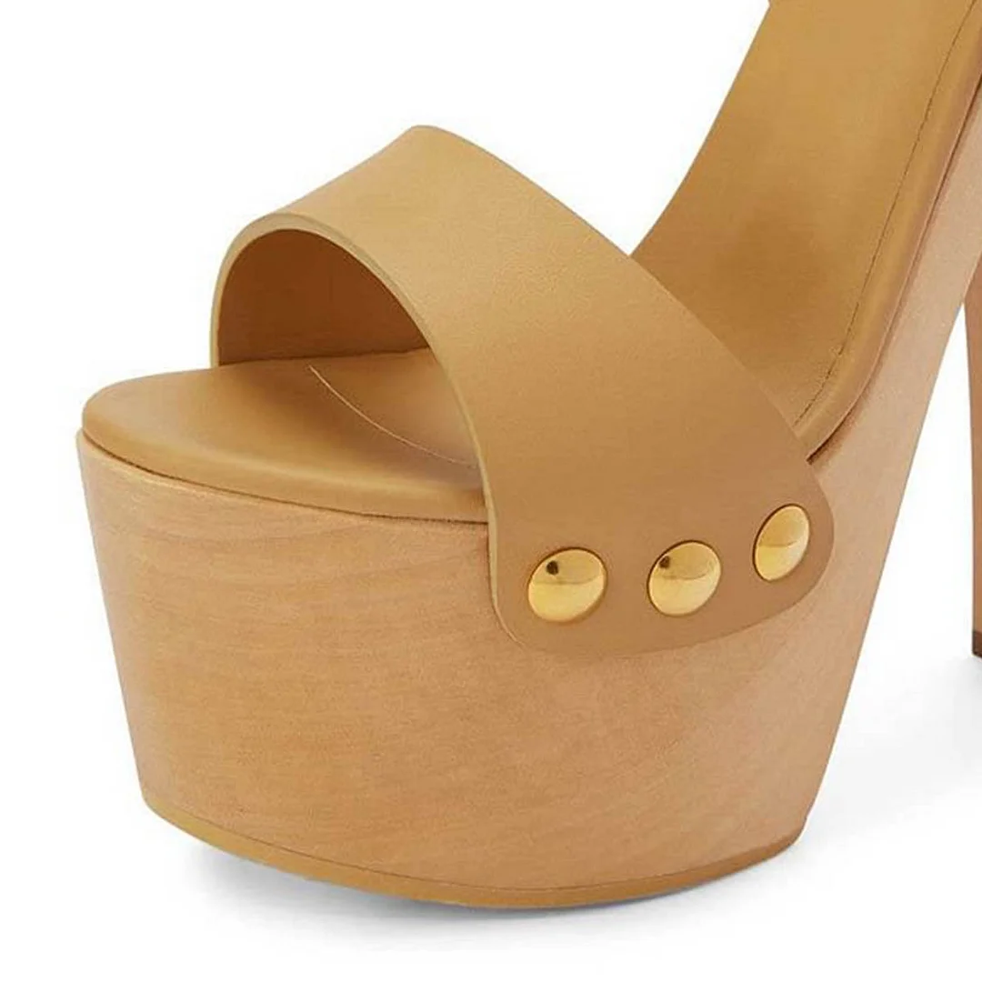 Tan Ankle Strap Sandals Open Toe Platform Heels with Studs