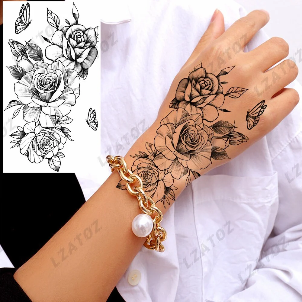 Sdrawing Rose Flower Temporary Tattoos For Woman Adults Realistic Compass Cross Fake Tatoos Sexy Waterproof Hand Tattoo Sticker