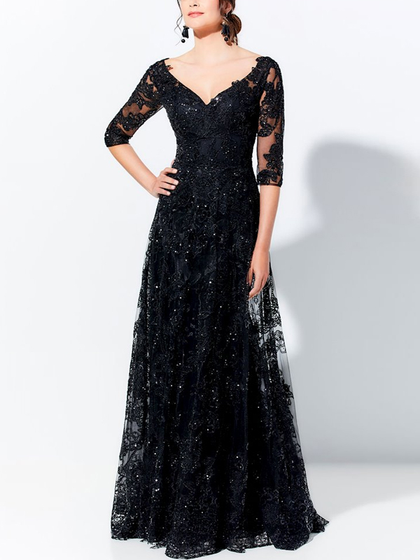 V Neck Lace Sequin Maxi Dress