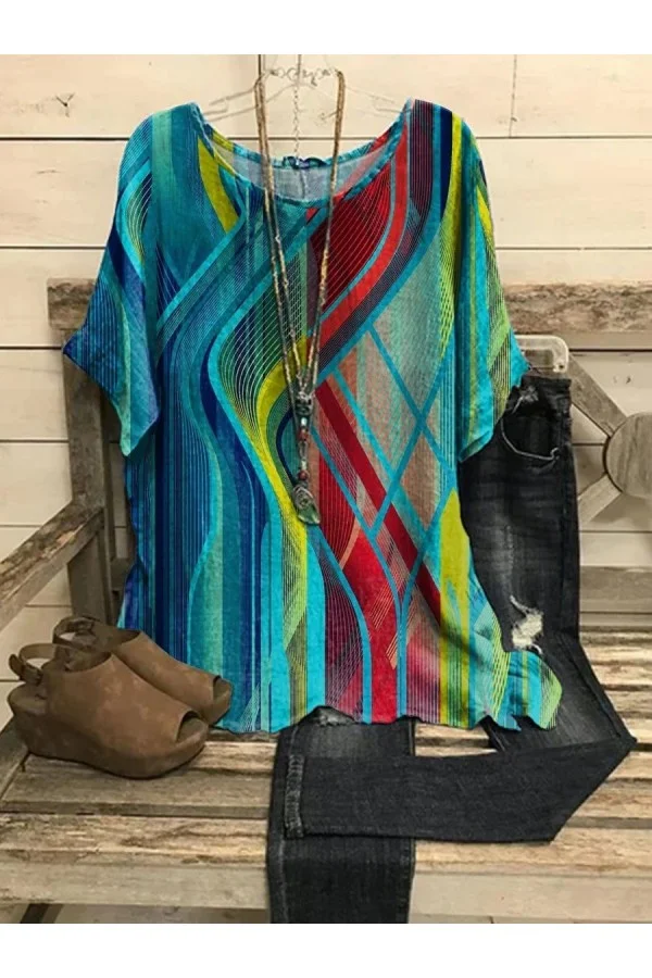 Colorful Casual Round Neck Stripe Printed Short Sleeve Blouse