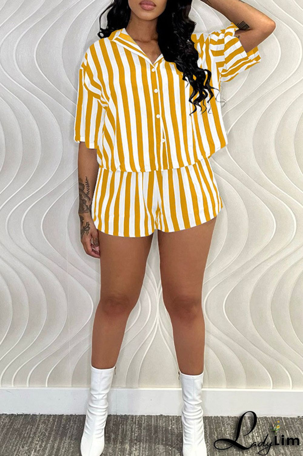 Green Casual Striped Print Patchwork Buckle Turndown Collar Short Sleeve Two Pieces