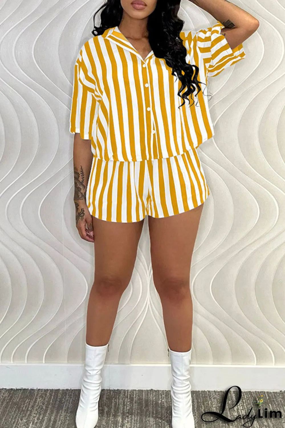 Green Casual Striped Print Patchwork Buckle Turndown Collar Short Sleeve Two Pieces
