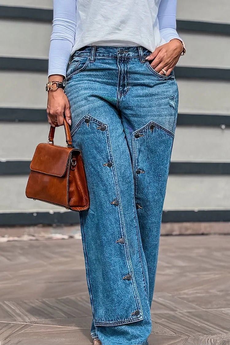 Plus Size Daily Blue Contrast Buttons Pocket Denim Jeans [Pre-Order] 2024 - Xpluswear