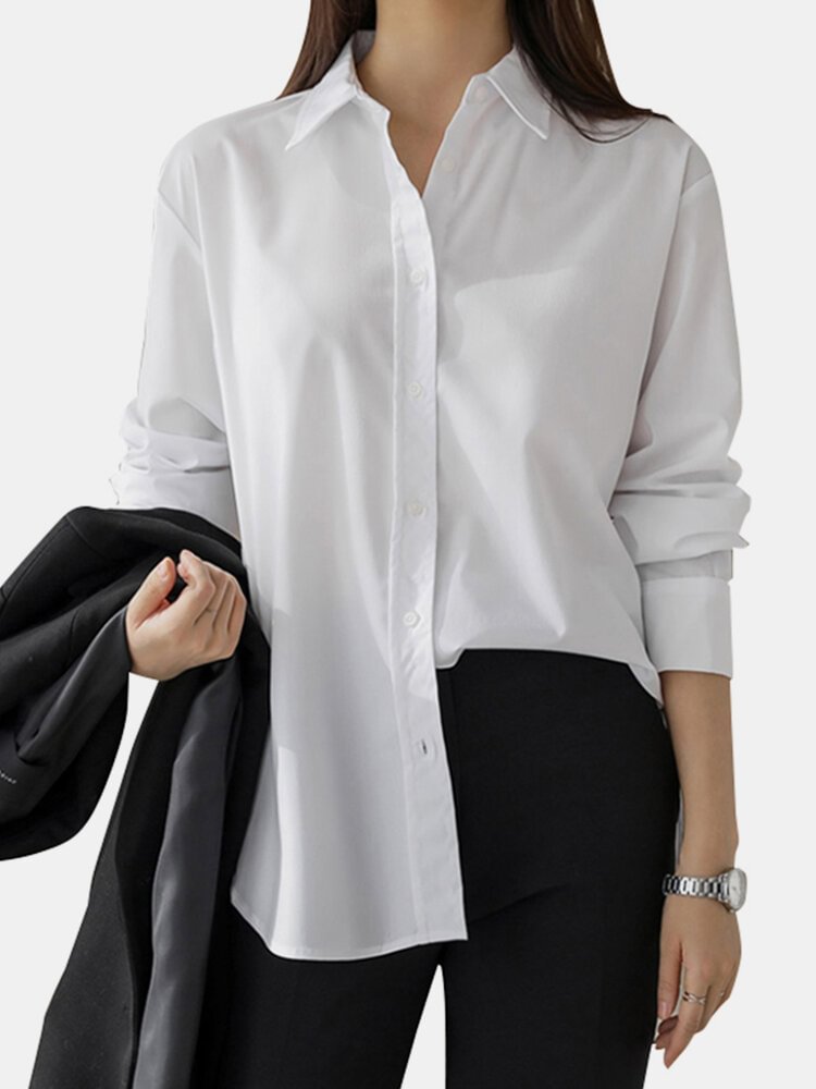 Casual Solid Color Long Sleeve Work Shirt For Women P1776822