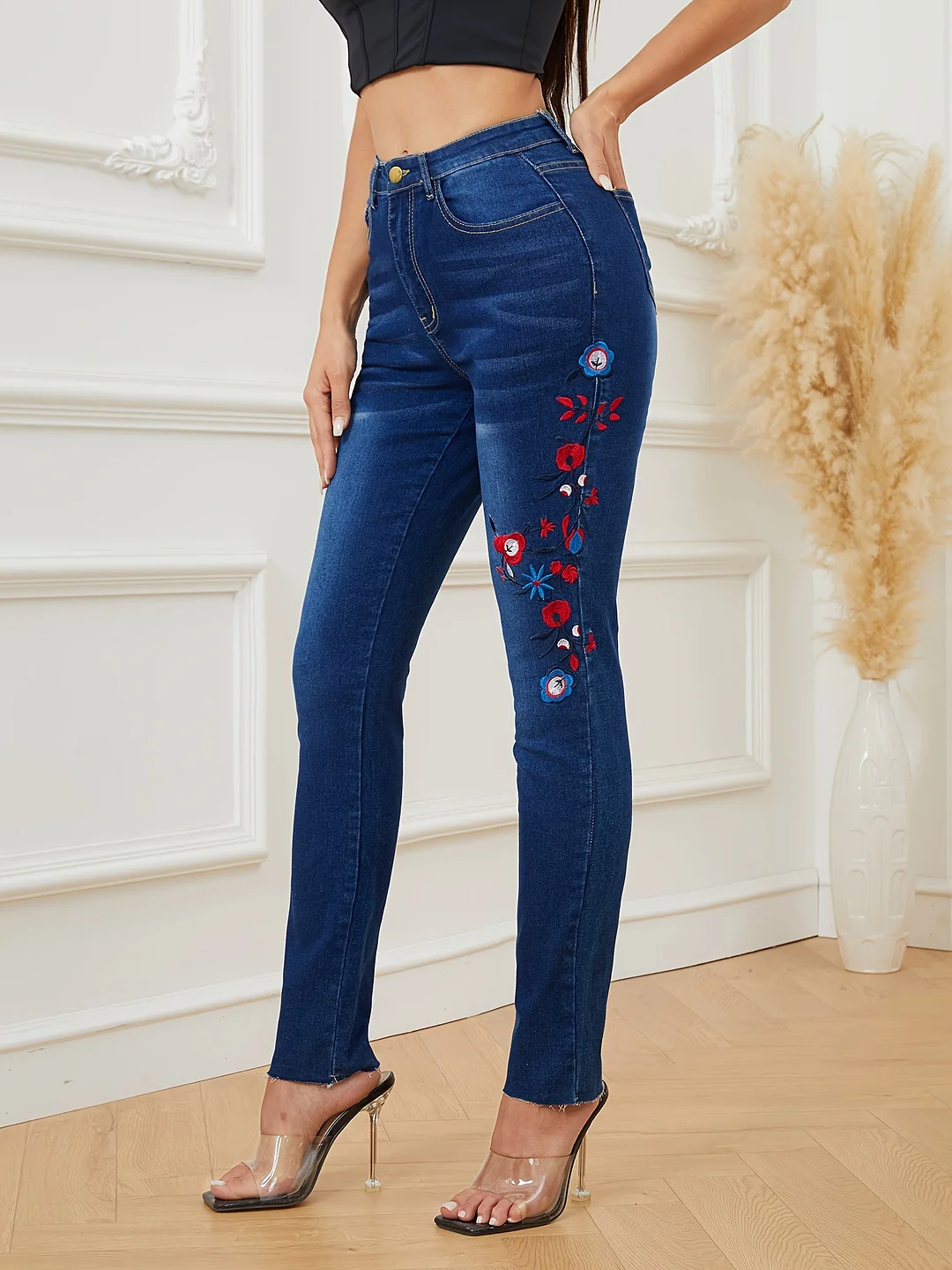 Women's Embroidered Floral High Waisted Elastic Denim Pants