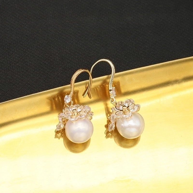 1 Pair 925 Sterling Silver Pearl Flower Drop Earrings