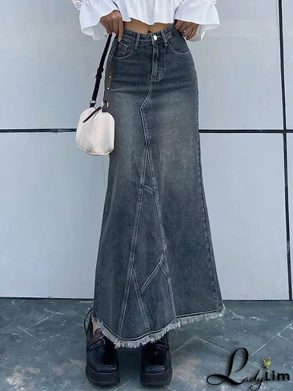 Back Slit Patchwork Long Denim Skirt