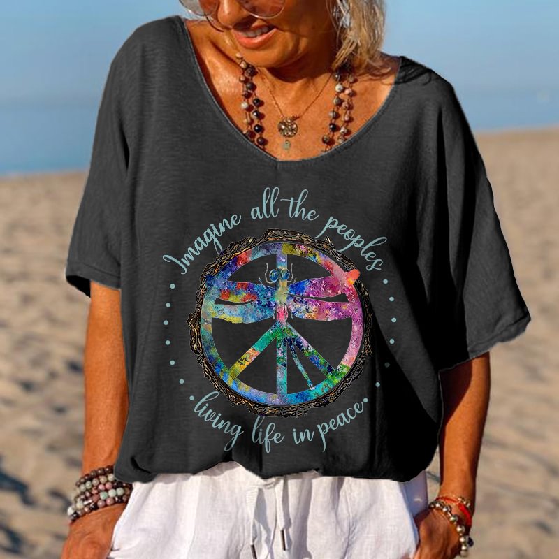 Imagine All The People Living Life In Peace Printed Hippie T-shirt