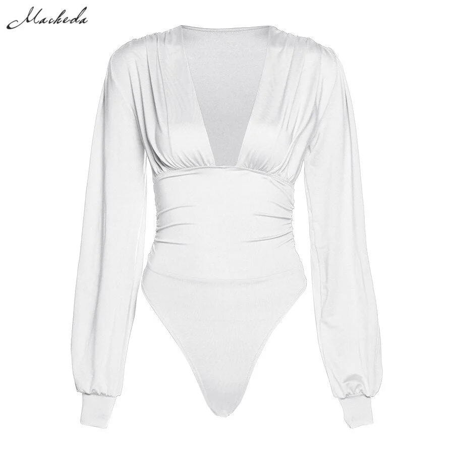 Macheda Autumn Solid Sexy Bodysuit Women Long Sleeve Deep V Neck Fashion Clothing Lady Casual Slim Body Suits 2020 New