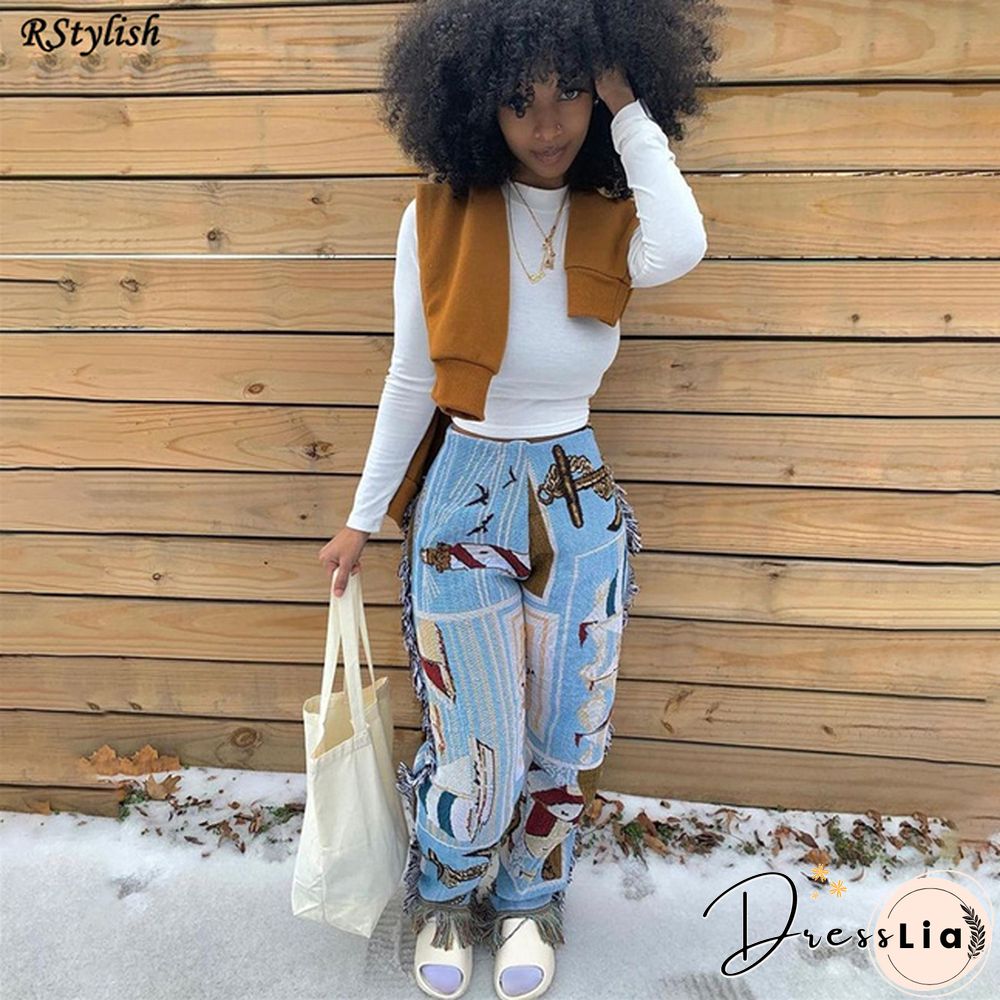 Side Tassels Patchwork Elastic Waist Women Print Jogger Pant