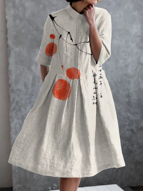 Vintage Art Floral Print Casual Elegant Pocket Half Sleeve Dress