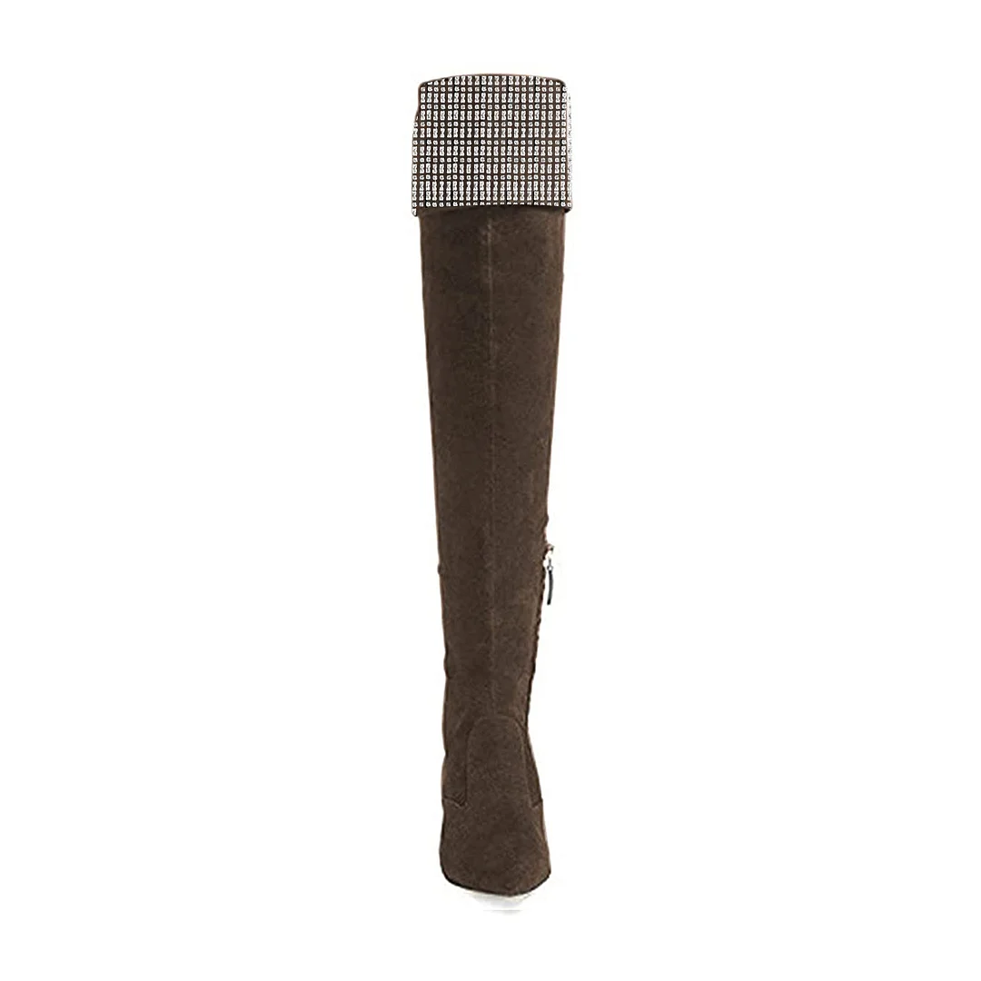 Brown Faux Suede Pointed Toe Rhinestone Over-The-Knee Side-Zip Boots