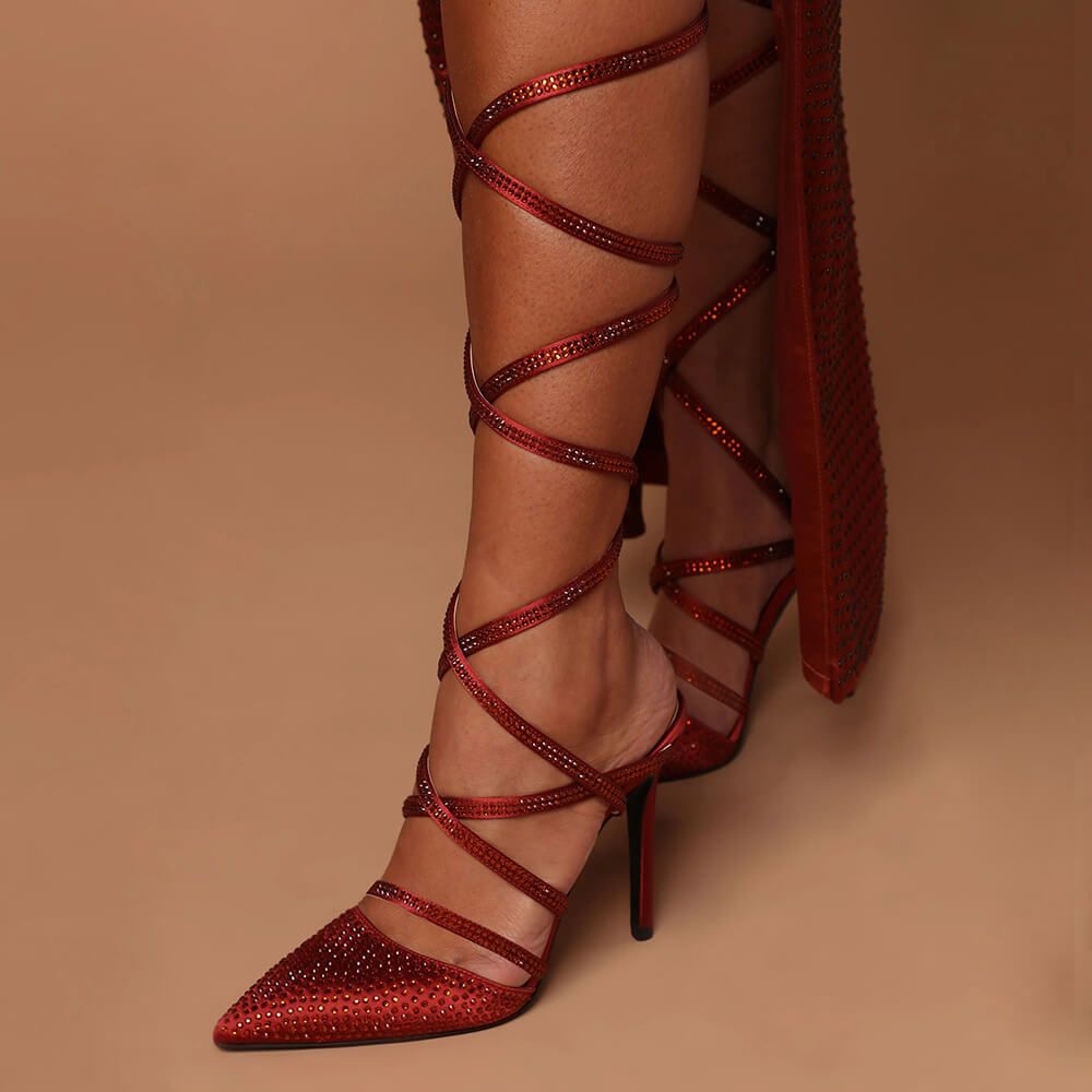 Red Satin Pointed Toe Stiletto Heels Strappy Pumps with Rhinestones Nicepairs