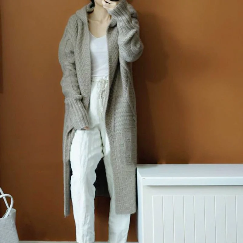 Zoki Cross Women Sweater Long Cardigans Fall Winter New Knitted Jackets Korean Loose Oversized Long Sleeve Casual Hooded Coats