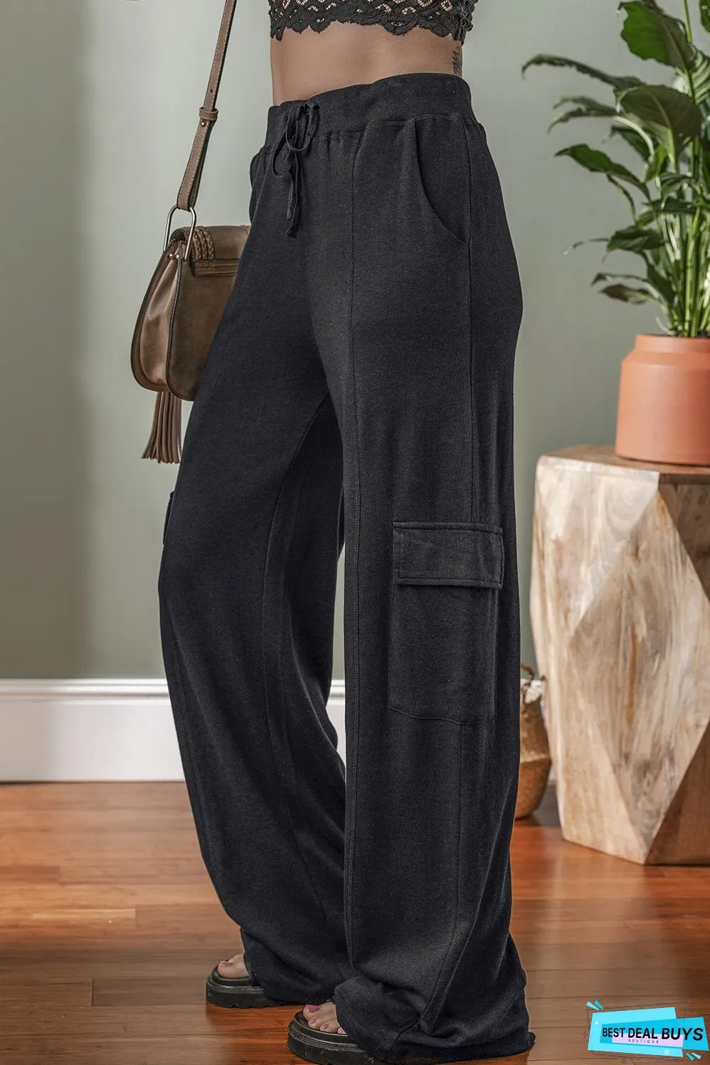 Carbon Grey Cargo Pockets Drawstring Sweatpants