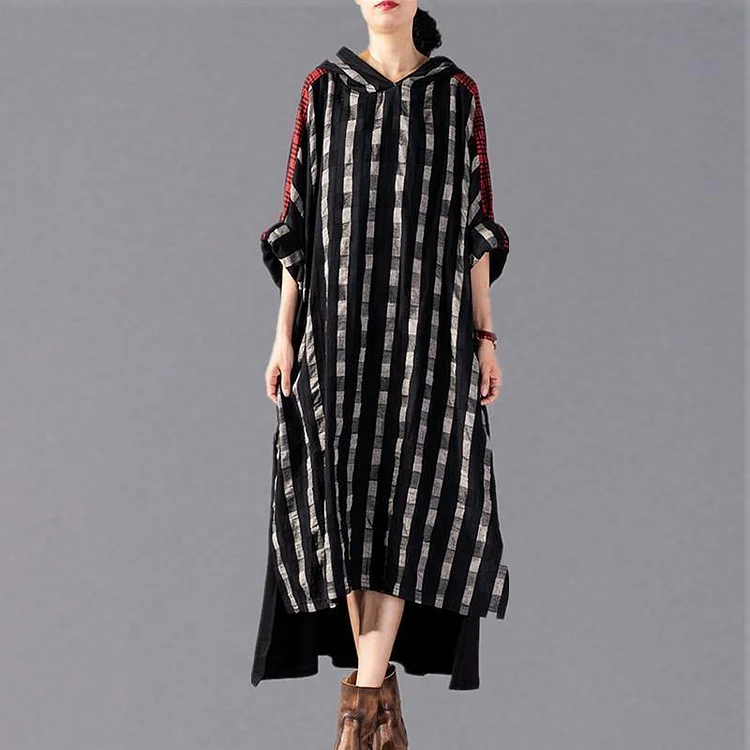 2019 black Plaid long plus size Hooded cotton linen clothing dress New patchwork autumn dress