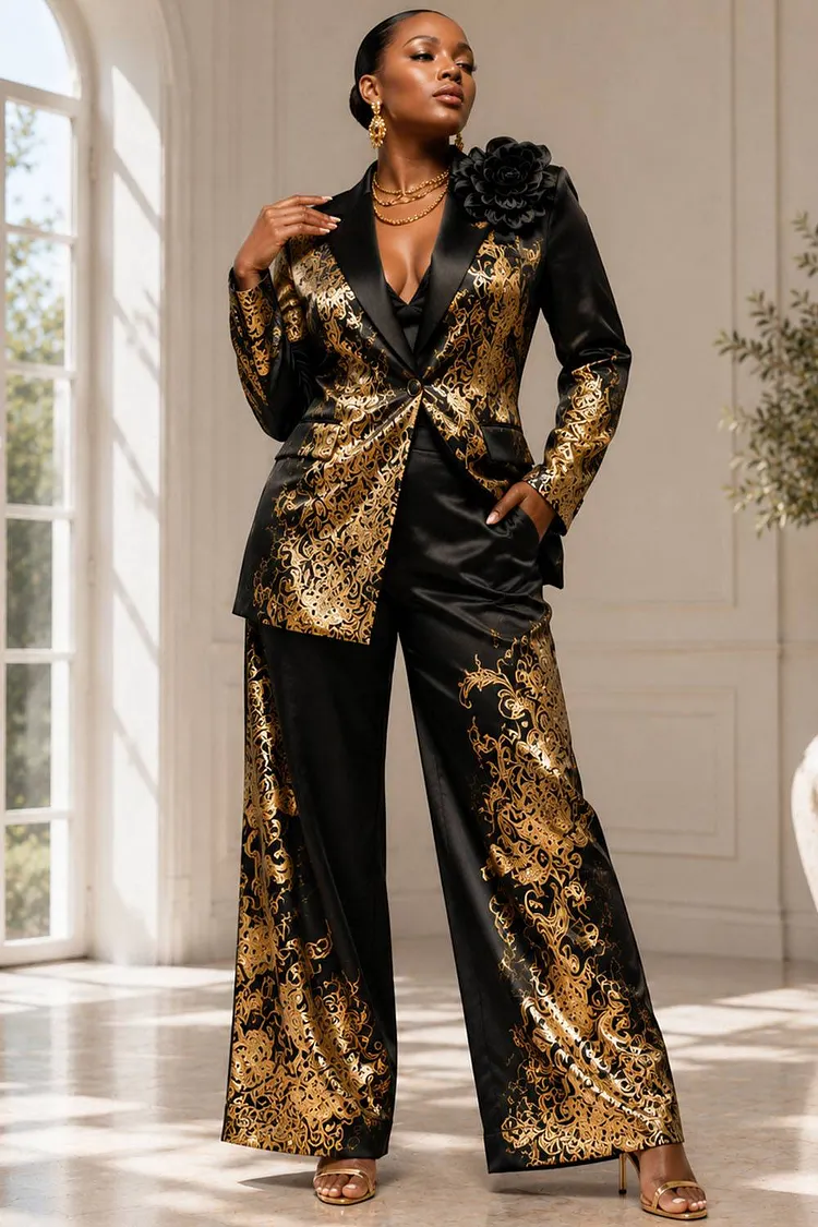 Xpluswear Design Plus Size Formal Gold Foil Print Lapel Collar Long Sleeve Pocket Satin Two Piece Pant Suits [Pre-Order] 2024 - Xpluswear