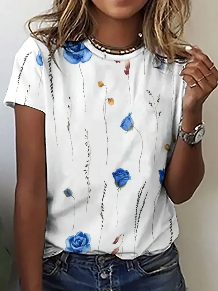 Printed Short Sleeve Casual T-shirt for  Women and Men Unisex Pattern Floral, Blue, Rose