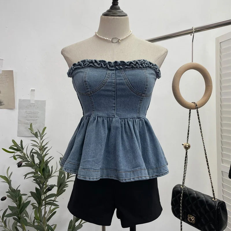 Uveng Real Shooting Hottie Wearing Brated Cowboy Waist Wood Ear Slim Skirt Swamped Waist Thin Top 2386