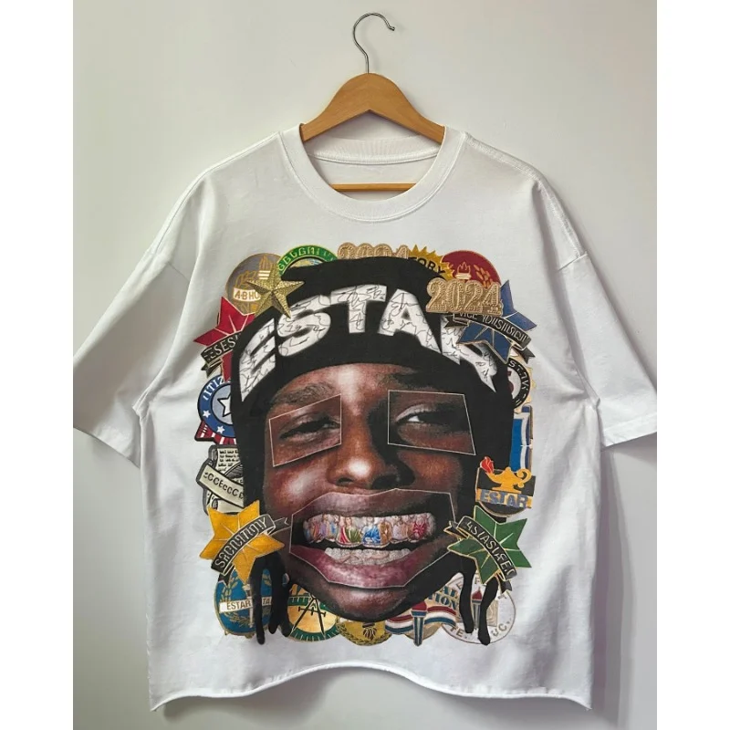 Aonga American character avatar letter print design casual short-sleeved T-shirts for women y2k cotton aesthetic versatile couple tops aonga